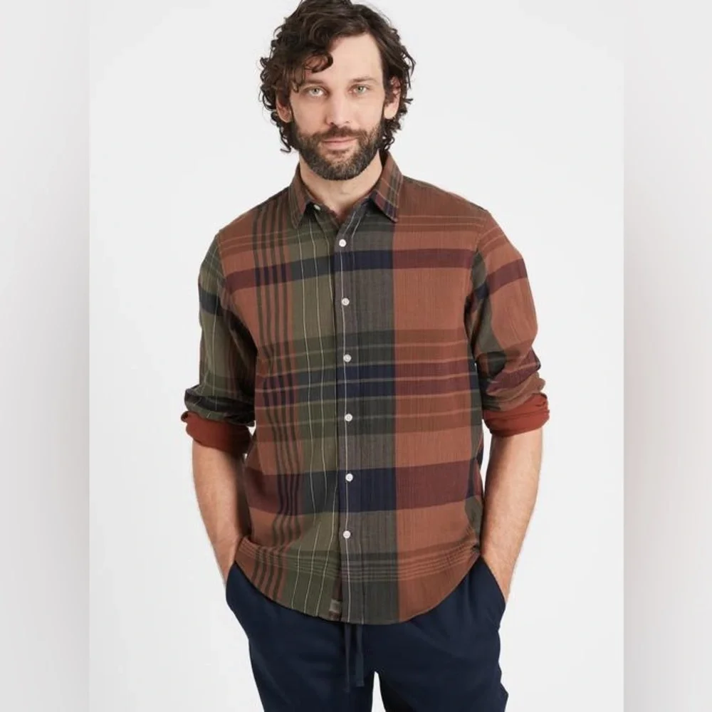 Banana Republic Untucked Slim Fit Cotton Plaid Shirt Size L Modern Rustic